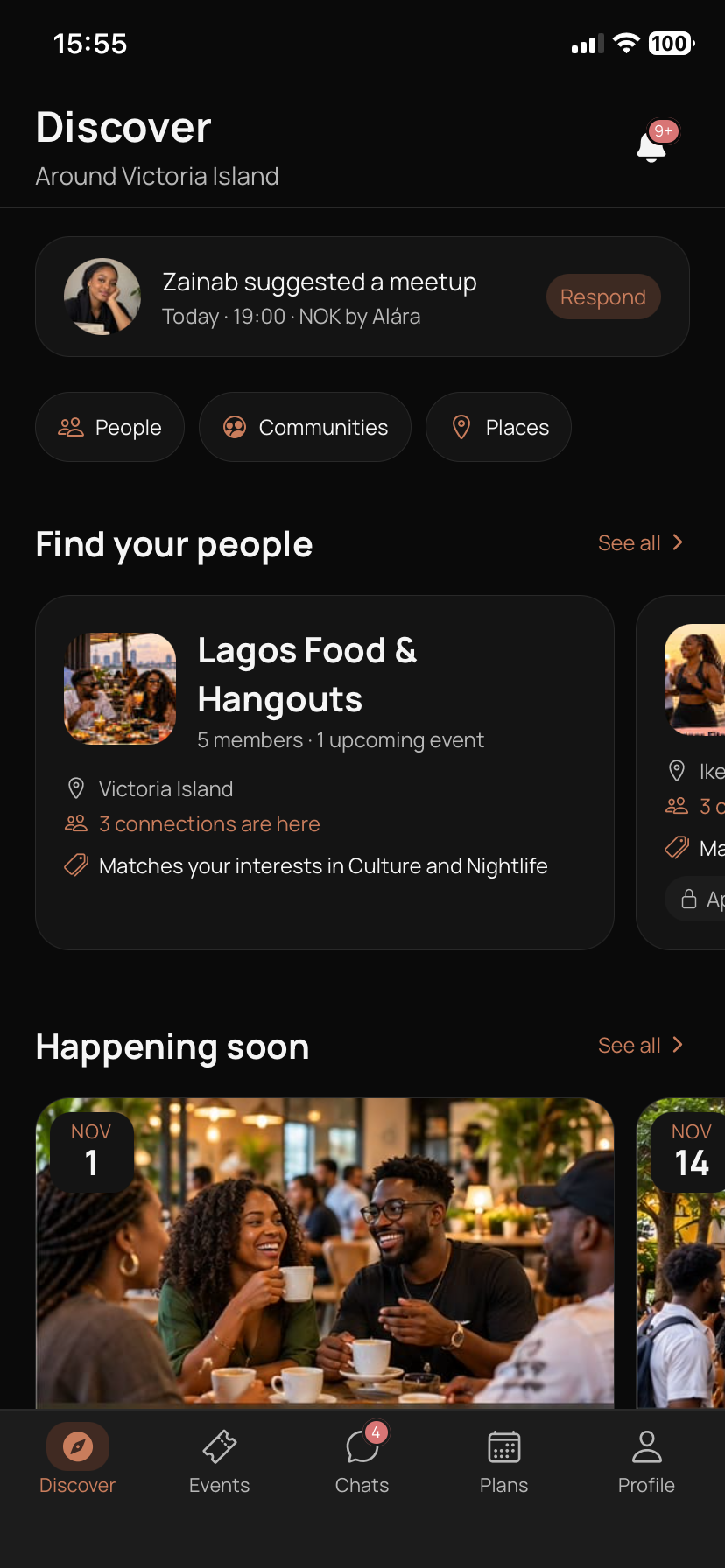 Wendevo Discover screen showing communities and upcoming events