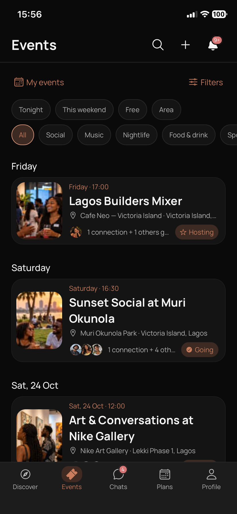 Wendevo Events screen showing upcoming events