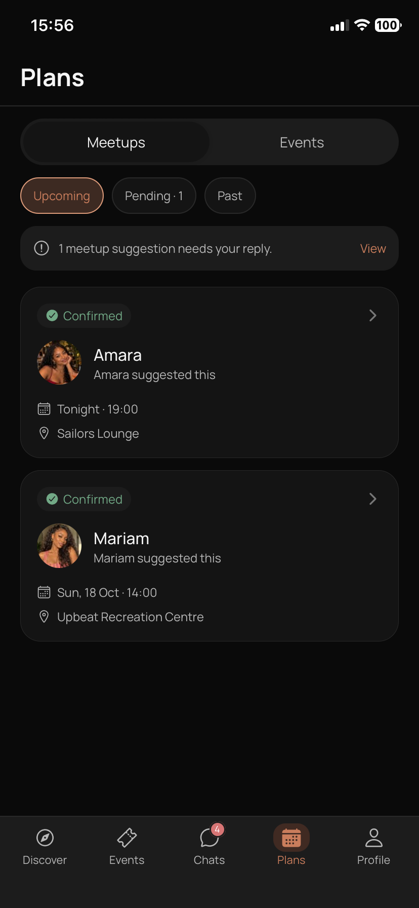 Wendevo Plans screen showing a confirmed meetup