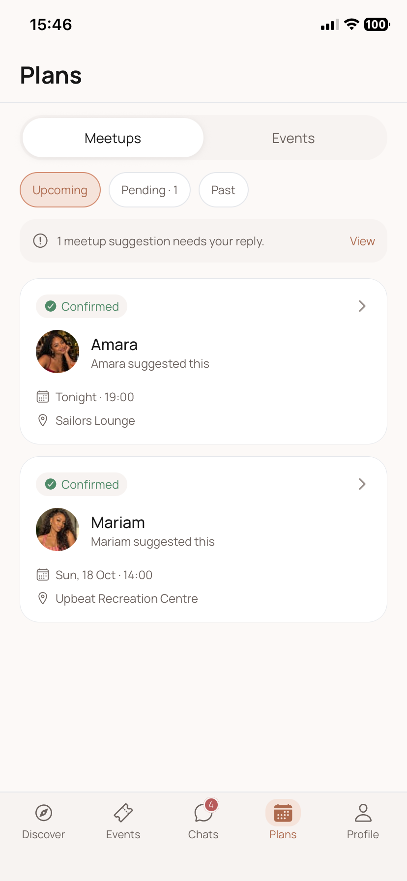 Wendevo Plans screen showing a confirmed meetup